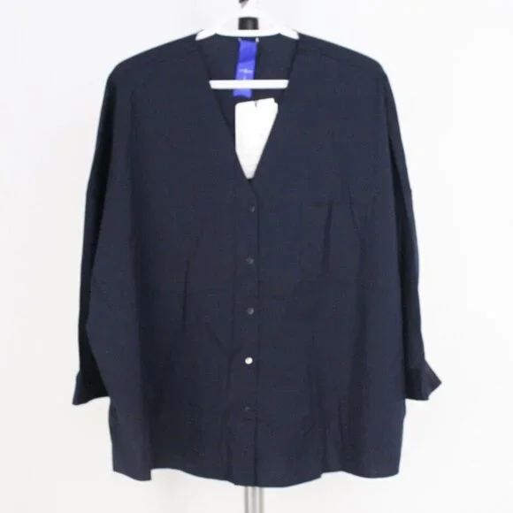 NWT Kit & Ace Stretch Shirting Navy V-Neck Button Down Blouse Oversized Size S - Picture 2 of 9